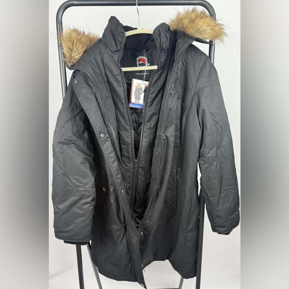1 Madison Expedition Faux Fur Hooded Parka Coat Black L NWT F51 - Picture 5 of 9